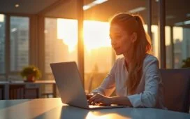 In einem hell erleuchteten, modernen Büro sitzt eine nachdenkliche Frau an einem Laptop, während im Hintergrund unscharf Glaswände, Regale mit technischen Büchern und warme Sonnenstrahlen durch große Fenster sanft den Raum erfüllen, und so die Spannung und Bedeutung von digitaler Sicherheit und Vertrauen in der vernetzten Welt eindrucksvoll spürbar machen.