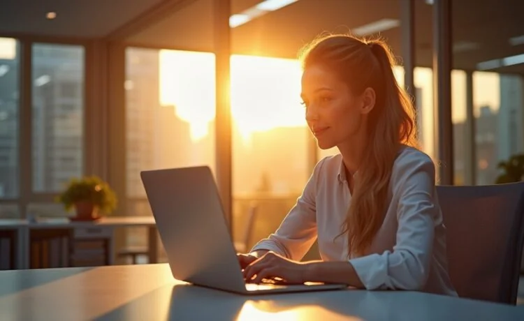 In einem hell erleuchteten, modernen Büro sitzt eine nachdenkliche Frau an einem Laptop, während im Hintergrund unscharf Glaswände, Regale mit technischen Büchern und warme Sonnenstrahlen durch große Fenster sanft den Raum erfüllen, und so die Spannung und Bedeutung von digitaler Sicherheit und Vertrauen in der vernetzten Welt eindrucksvoll spürbar machen.
