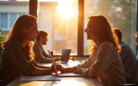 Ein warm beleuchtetes, modernes Büro mit entspannten Menschen, die in heller, freundlicher Atmosphäre an einem Laptop konzentriert arbeiten, während sanftes Tageslicht durch große Fenster fällt und Vertrauen in den sicheren Umgang mit sensiblen Daten vermittelt.