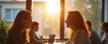 Ein warm beleuchtetes, modernes Büro mit entspannten Menschen, die in heller, freundlicher Atmosphäre an einem Laptop konzentriert arbeiten, während sanftes Tageslicht durch große Fenster fällt und Vertrauen in den sicheren Umgang mit sensiblen Daten vermittelt.