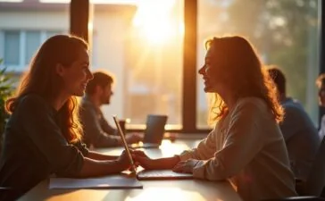 Ein warm beleuchtetes, modernes Büro mit entspannten Menschen, die in heller, freundlicher Atmosphäre an einem Laptop konzentriert arbeiten, während sanftes Tageslicht durch große Fenster fällt und Vertrauen in den sicheren Umgang mit sensiblen Daten vermittelt.