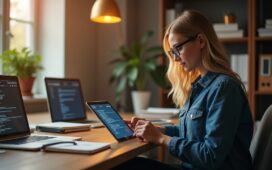 Eine lichtdurchflutete, moderne Büroszene mit einer entspannten Person, die fokussiert auf einem Tablet vertrauliche Daten verwaltet, umgeben von minimalistischer Technik und warmen Holztönen, die eine vertrauensvolle Atmosphäre digitaler Sicherheit und fortschrittlicher Datenschutzlösungen ausstrahlt.