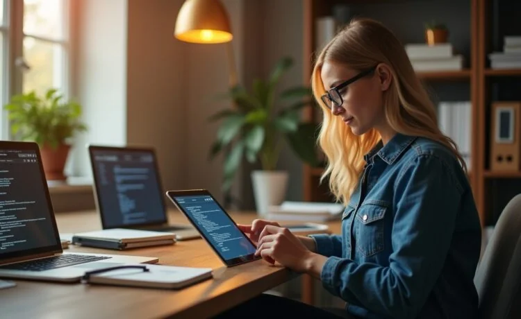 Eine lichtdurchflutete, moderne Büroszene mit einer entspannten Person, die fokussiert auf einem Tablet vertrauliche Daten verwaltet, umgeben von minimalistischer Technik und warmen Holztönen, die eine vertrauensvolle Atmosphäre digitaler Sicherheit und fortschrittlicher Datenschutzlösungen ausstrahlt.