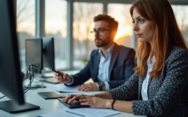 Helle, einladende Büroatmosphäre mit konzentrierten Mitarbeitenden an modernen Computern, die in natürlichem Tageslicht sicherheitsrelevante Daten prüfen, vermittelt die menschliche Seite hinter den Herausforderungen digitaler Verwaltungsprozesse.