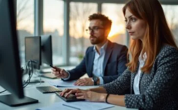 Helle, einladende Büroatmosphäre mit konzentrierten Mitarbeitenden an modernen Computern, die in natürlichem Tageslicht sicherheitsrelevante Daten prüfen, vermittelt die menschliche Seite hinter den Herausforderungen digitaler Verwaltungsprozesse.