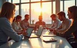 Ein hell erleuchtetes Büro mit entspannt konsultierenden Fachleuten verschiedener Herkunft, die konzentriert an Laptops und Tablets die komplexen Datenschutzregelungen der EU besprechen, während warmes Tageslicht sanft durch große Fenster strömt und eine Atmosphäre von Vertrauen und Fortschritt schafft.