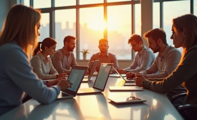 Ein hell erleuchtetes Büro mit entspannt konsultierenden Fachleuten verschiedener Herkunft, die konzentriert an Laptops und Tablets die komplexen Datenschutzregelungen der EU besprechen, während warmes Tageslicht sanft durch große Fenster strömt und eine Atmosphäre von Vertrauen und Fortschritt schafft.