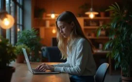 Eine helle, natürlich beleuchtete Büroszene mit einer nachdenklichen jungen Frau vor einem Laptop, umgeben von warmen Holztönen und dezenten Pflanzen, die vertrauensvolle Digitalarbeit symbolisiert und das Thema Datenschutz bei Finanzdiensten emotional greifbar macht.