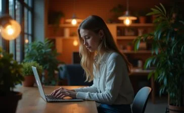 Eine helle, natürlich beleuchtete Büroszene mit einer nachdenklichen jungen Frau vor einem Laptop, umgeben von warmen Holztönen und dezenten Pflanzen, die vertrauensvolle Digitalarbeit symbolisiert und das Thema Datenschutz bei Finanzdiensten emotional greifbar macht.