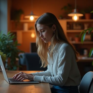 Eine helle, natürlich beleuchtete Büroszene mit einer nachdenklichen jungen Frau vor einem Laptop, umgeben von warmen Holztönen und dezenten Pflanzen, die vertrauensvolle Digitalarbeit symbolisiert und das Thema Datenschutz bei Finanzdiensten emotional greifbar macht.