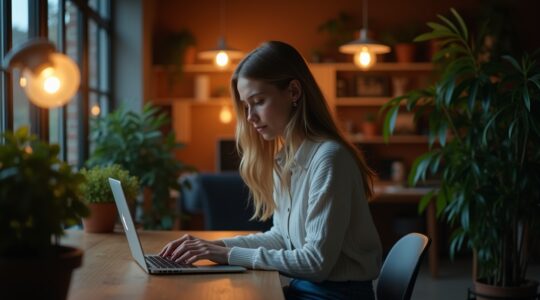Eine helle, natürlich beleuchtete Büroszene mit einer nachdenklichen jungen Frau vor einem Laptop, umgeben von warmen Holztönen und dezenten Pflanzen, die vertrauensvolle Digitalarbeit symbolisiert und das Thema Datenschutz bei Finanzdiensten emotional greifbar macht.