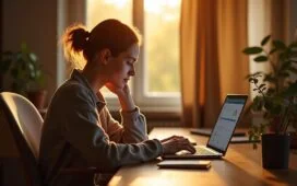 Ein hell erleuchtetes, modernes Home-Office-Set mit einer Person, die konzentriert und nachdenklich vor einem Laptop sitzt, umgeben von warmen Holztönen, sanftem Tageslicht und subtilen technischen Details, die das Thema Datenschutz und digitale Sicherheit auf menschliche und zugängliche Weise vermitteln.