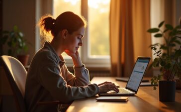 Ein hell erleuchtetes, modernes Home-Office-Set mit einer Person, die konzentriert und nachdenklich vor einem Laptop sitzt, umgeben von warmen Holztönen, sanftem Tageslicht und subtilen technischen Details, die das Thema Datenschutz und digitale Sicherheit auf menschliche und zugängliche Weise vermitteln.