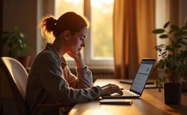 Ein hell erleuchtetes, modernes Home-Office-Set mit einer Person, die konzentriert und nachdenklich vor einem Laptop sitzt, umgeben von warmen Holztönen, sanftem Tageslicht und subtilen technischen Details, die das Thema Datenschutz und digitale Sicherheit auf menschliche und zugängliche Weise vermitteln.