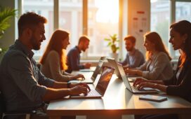 In einem lichtdurchfluteten, modernen Büro sitzen diverse Professionals unterschiedlicher Herkunft konzentriert an Laptops und Tablets, gemeinsam vertieft in die praktische Anwendung von KI-Tools wie ChatGPT, während warme Sonnenstrahlen durch große Fenster offene, freundliche Lernatmosphäre schaffen.