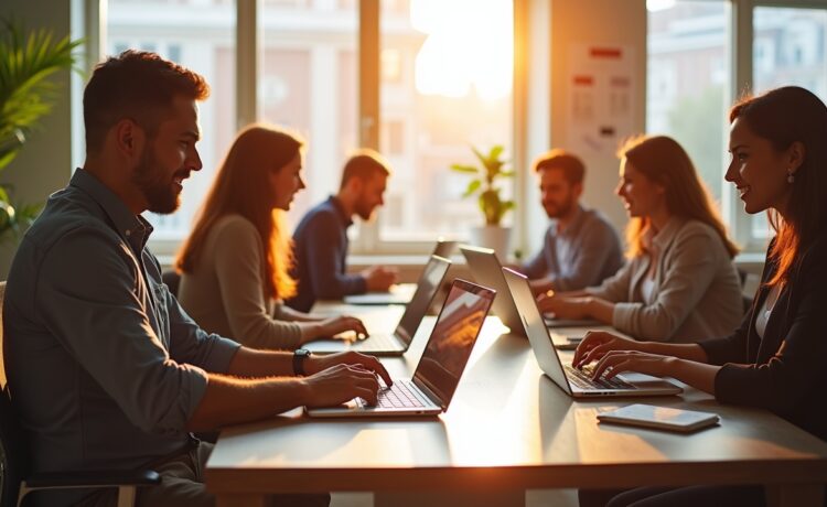 In einem lichtdurchfluteten, modernen Büro sitzen diverse Professionals unterschiedlicher Herkunft konzentriert an Laptops und Tablets, gemeinsam vertieft in die praktische Anwendung von KI-Tools wie ChatGPT, während warme Sonnenstrahlen durch große Fenster offene, freundliche Lernatmosphäre schaffen.