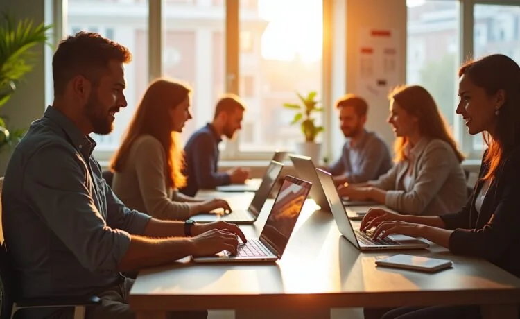 In einem lichtdurchfluteten, modernen Büro sitzen diverse Professionals unterschiedlicher Herkunft konzentriert an Laptops und Tablets, gemeinsam vertieft in die praktische Anwendung von KI-Tools wie ChatGPT, während warme Sonnenstrahlen durch große Fenster offene, freundliche Lernatmosphäre schaffen.