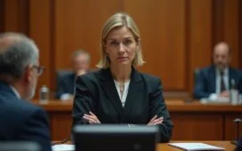 In hellem, warmem Tageslicht zeigt ein modernes Gerichtssaal-Interieur eine konzentrierte Juristin mittleren Alters mit leicht sorgenvoller Miene, umgeben von Akten und digitaler Technik, während hinter ihr unscharf Richterbank und Holzvertäfelung für eine authentische Justiz-Atmosphäre sorgen, die subtil die Herausforderung von KI-Manipulation und Deepfake-Debatten im Rechtswesen widerspiegelt.