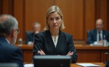 In hellem, warmem Tageslicht zeigt ein modernes Gerichtssaal-Interieur eine konzentrierte Juristin mittleren Alters mit leicht sorgenvoller Miene, umgeben von Akten und digitaler Technik, während hinter ihr unscharf Richterbank und Holzvertäfelung für eine authentische Justiz-Atmosphäre sorgen, die subtil die Herausforderung von KI-Manipulation und Deepfake-Debatten im Rechtswesen widerspiegelt.