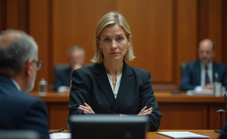 In hellem, warmem Tageslicht zeigt ein modernes Gerichtssaal-Interieur eine konzentrierte Juristin mittleren Alters mit leicht sorgenvoller Miene, umgeben von Akten und digitaler Technik, während hinter ihr unscharf Richterbank und Holzvertäfelung für eine authentische Justiz-Atmosphäre sorgen, die subtil die Herausforderung von KI-Manipulation und Deepfake-Debatten im Rechtswesen widerspiegelt.