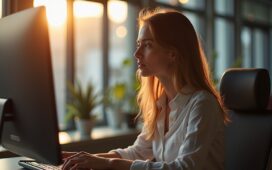 In einem hell erleuchteten, modernen Büro sitzt eine junge Frau mit aufmerksamem Blick vor einem Computerbildschirm, umgeben von warmem Tageslicht und subtilen Reflexionen, die die komplexe Verbindung von Mensch und fortschrittlicher KI-Technologie im Zeitalter der Deepfakes spürbar machen.