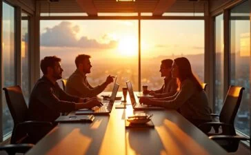 Ein strahlend heller, authentischer Büroarbeitsplatz im Silicon Valley, an dem ein vielfältiges Team aus Entwicklern und KI-Experten in lebendiger Diskussion vertieft ist, mit warmem Tageslicht, das durch große Fenster fällt und eine Atmosphäre von Innovation, Zusammenarbeit und Zukunftsgestaltung schafft.