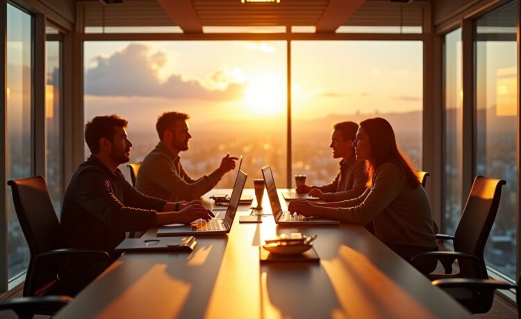 Ein strahlend heller, authentischer Büroarbeitsplatz im Silicon Valley, an dem ein vielfältiges Team aus Entwicklern und KI-Experten in lebendiger Diskussion vertieft ist, mit warmem Tageslicht, das durch große Fenster fällt und eine Atmosphäre von Innovation, Zusammenarbeit und Zukunftsgestaltung schafft.