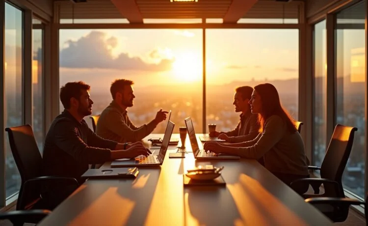 Ein strahlend heller, authentischer Büroarbeitsplatz im Silicon Valley, an dem ein vielfältiges Team aus Entwicklern und KI-Experten in lebendiger Diskussion vertieft ist, mit warmem Tageslicht, das durch große Fenster fällt und eine Atmosphäre von Innovation, Zusammenarbeit und Zukunftsgestaltung schafft.