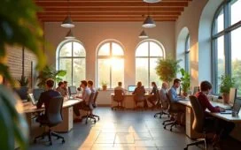 Ein lichtdurchflutetes, modernes Büro mit warmen Holztönen, in dem ein vielfältiges Team konzentriert an Laptops und Bildschirmen zusammenarbeitet, umgeben von Pflanzen und großen Fenstern, die eine helle, freundliche Atmosphäre schaffen und den Aufbruch Europas in die Ära der KI symbolisieren.