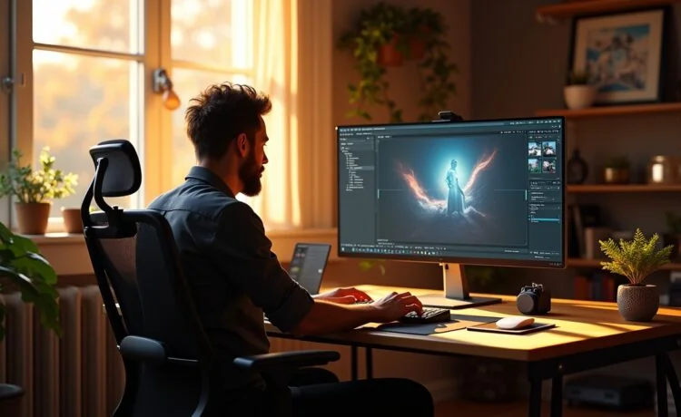 Ein lichtdurchflutetes, warmes Arbeitszimmer mit einem kreativen Designer, der konzentriert an einem modernen PC mit auffälliger NVIDIA RTX-Grafikkarte arbeitet, während auf dem Bildschirm realistische Bildbearbeitungssoftware mit KI-unterstützten Funktionen zu sehen ist, eingebettet in eine harmonische, einladende Atmosphäre voller moderner Technik und kreativer Inspiration.