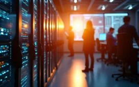 Ein strahlend helles, editorial aufgenommenes Bild eines hochmodernen, lichtdurchfluteten Rechenzentrums mit futuristischen Supercomputern, deren komplexe Technik durch warme Sonnenstrahlen sanft betont wird, während Forschende im Hintergrund konzentriert und motiviert an vernetzten Monitoren arbeiten und so die lebendige Atmosphäre von Innovation und wissenschaftlichem Fortschritt in Deutschland widerspiegeln.