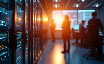 Ein strahlend helles, editorial aufgenommenes Bild eines hochmodernen, lichtdurchfluteten Rechenzentrums mit futuristischen Supercomputern, deren komplexe Technik durch warme Sonnenstrahlen sanft betont wird, während Forschende im Hintergrund konzentriert und motiviert an vernetzten Monitoren arbeiten und so die lebendige Atmosphäre von Innovation und wissenschaftlichem Fortschritt in Deutschland widerspiegeln.