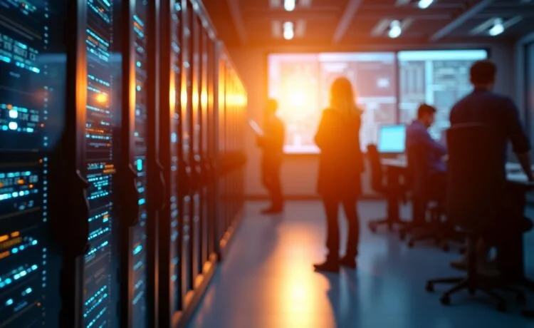 Ein strahlend helles, editorial aufgenommenes Bild eines hochmodernen, lichtdurchfluteten Rechenzentrums mit futuristischen Supercomputern, deren komplexe Technik durch warme Sonnenstrahlen sanft betont wird, während Forschende im Hintergrund konzentriert und motiviert an vernetzten Monitoren arbeiten und so die lebendige Atmosphäre von Innovation und wissenschaftlichem Fortschritt in Deutschland widerspiegeln.