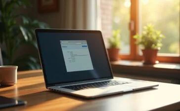 Eine hell erleuchtete, moderne Arbeitsumgebung mit aufgeschlagenem Laptop, auf dessen Bildschirm eine geöffnete Browser-Erweiterung zu sehen ist, während sanftes Tageslicht durch ein großes Fenster fällt und die Szenerie durch warme Holztöne und freundliche Pflanzen eine vertrauensvolle, zugleich nachdenkliche Atmosphäre schafft, die den schmalen Grat zwischen Nutzen und Risiko digitaler Tools eindrucksvoll widerspiegelt.