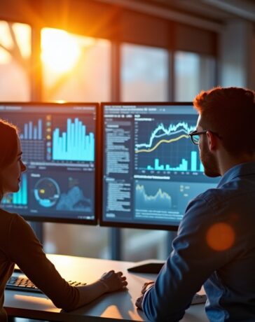 In einem lichtdurchfluteten, modernen Büro sitzen engagierte IT-Expertinnen und -Experten in lebhaftem Austausch vor mehreren Bildschirmen, auf denen komplexe Daten und KI-Visualisierungen erkennbar sind, während warmes Tageslicht die Szenerie durch große Fenster sanft erhellt und eine Atmosphäre von Innovationskraft, Zusammenarbeit und technologischer Zukunft schafft.