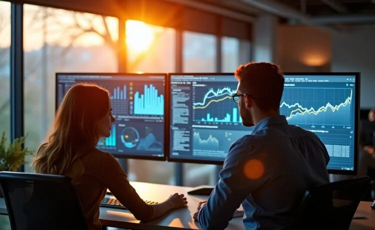 In einem lichtdurchfluteten, modernen Büro sitzen engagierte IT-Expertinnen und -Experten in lebhaftem Austausch vor mehreren Bildschirmen, auf denen komplexe Daten und KI-Visualisierungen erkennbar sind, während warmes Tageslicht die Szenerie durch große Fenster sanft erhellt und eine Atmosphäre von Innovationskraft, Zusammenarbeit und technologischer Zukunft schafft.