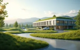 Ein strahlend sonnendurchfluteter Blick über ein weitläufiges, modernes Rechenzentrum mit eleganten Glasfassaden und begrünten Dachflächen, eingebettet in eine sanfte Rheinhessische Landschaft, die digitale Innovation und nachhaltige Zukunft in harmonischer Verbindung vereint.