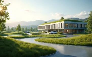 Ein strahlend sonnendurchfluteter Blick über ein weitläufiges, modernes Rechenzentrum mit eleganten Glasfassaden und begrünten Dachflächen, eingebettet in eine sanfte Rheinhessische Landschaft, die digitale Innovation und nachhaltige Zukunft in harmonischer Verbindung vereint.