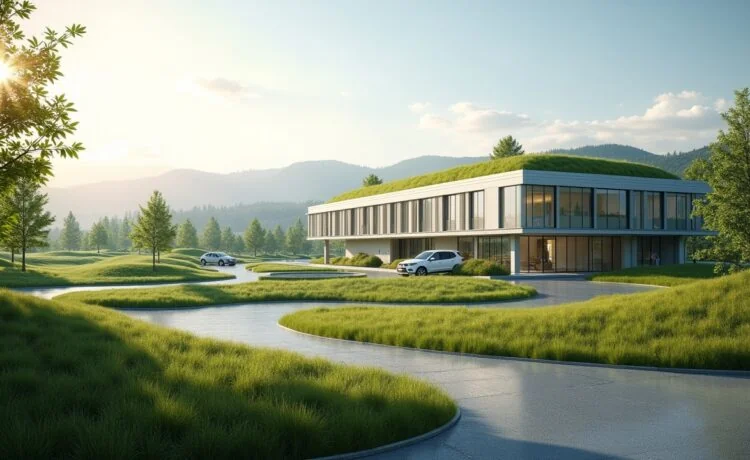 Ein strahlend sonnendurchfluteter Blick über ein weitläufiges, modernes Rechenzentrum mit eleganten Glasfassaden und begrünten Dachflächen, eingebettet in eine sanfte Rheinhessische Landschaft, die digitale Innovation und nachhaltige Zukunft in harmonischer Verbindung vereint.