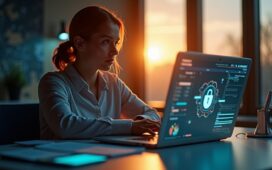 Ein hell erleuchteter, moderner Arbeitsplatz mit geöffneter Laptop-Oberfläche, auf der subtil reflektierte Codes und digitale Daten zu erkennen sind, während eine nachdenklich fokussierte Person bei warmem Tageslicht die komplexe Welt der KI-Sicherheit symbolisiert – eine harmonische Verbindung aus Technologie und menschlicher Verantwortung.