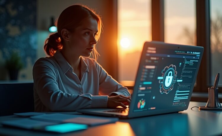 Ein hell erleuchteter, moderner Arbeitsplatz mit geöffneter Laptop-Oberfläche, auf der subtil reflektierte Codes und digitale Daten zu erkennen sind, während eine nachdenklich fokussierte Person bei warmem Tageslicht die komplexe Welt der KI-Sicherheit symbolisiert – eine harmonische Verbindung aus Technologie und menschlicher Verantwortung.
