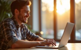 Eine freundliche, helle Aufnahme eines entspannten jungen Menschen, der mit einem modernen Laptop an einem sonnendurchfluteten Schreibtisch sitzt, während warmes Tageslicht durch ein großes Fenster fällt und die fokussierte Miene Sicherheit und digitale Vorsicht ausstrahlt.
