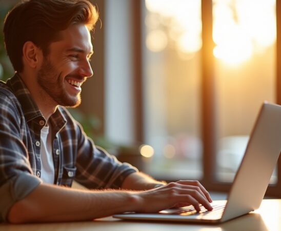 Eine freundliche, helle Aufnahme eines entspannten jungen Menschen, der mit einem modernen Laptop an einem sonnendurchfluteten Schreibtisch sitzt, während warmes Tageslicht durch ein großes Fenster fällt und die fokussierte Miene Sicherheit und digitale Vorsicht ausstrahlt.