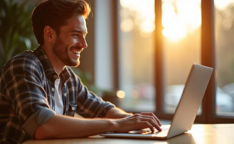 Eine freundliche, helle Aufnahme eines entspannten jungen Menschen, der mit einem modernen Laptop an einem sonnendurchfluteten Schreibtisch sitzt, während warmes Tageslicht durch ein großes Fenster fällt und die fokussierte Miene Sicherheit und digitale Vorsicht ausstrahlt.