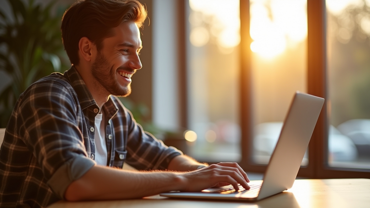 Eine freundliche, helle Aufnahme eines entspannten jungen Menschen, der mit einem modernen Laptop an einem sonnendurchfluteten Schreibtisch sitzt, während warmes Tageslicht durch ein großes Fenster fällt und die fokussierte Miene Sicherheit und digitale Vorsicht ausstrahlt.