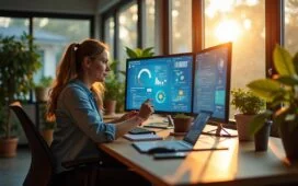 Ein strahlendes, modern eingerichtetes Büro mit zwei fokussierten Tech-Expert:innen, die bei warmem Tageslicht vor großen Bildschirmen mit komplexen Datenvisualisierungen und KI-Symbolik diskutieren, während natürliche Holz- und Pflanzenakzente eine einladende Atmosphäre schaffen und die Zukunftstechnologie lebendig und greifbar wirken lassen.