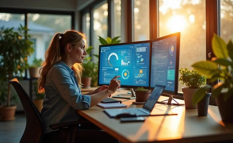 Ein strahlendes, modern eingerichtetes Büro mit zwei fokussierten Tech-Expert:innen, die bei warmem Tageslicht vor großen Bildschirmen mit komplexen Datenvisualisierungen und KI-Symbolik diskutieren, während natürliche Holz- und Pflanzenakzente eine einladende Atmosphäre schaffen und die Zukunftstechnologie lebendig und greifbar wirken lassen.