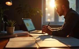 Ein warm ausgeleuchteter, realistischer Schreibtisch mit sorgfältig geordneten Notizblättern, einem Laptop mit geöffnetem Analyse-Softwarefenster und einer sanft strahlenden Schreibtischlampe, im Hintergrund unscharf ein nachdenklicher Ermittler im hellen Tageslicht, der tief in die komplexe Welt von Kryptografie und moderner KI eintaucht.