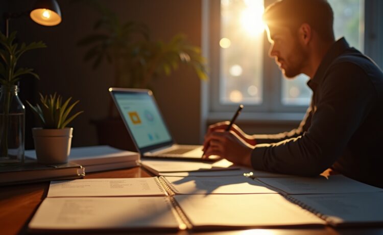 Ein warm ausgeleuchteter, realistischer Schreibtisch mit sorgfältig geordneten Notizblättern, einem Laptop mit geöffnetem Analyse-Softwarefenster und einer sanft strahlenden Schreibtischlampe, im Hintergrund unscharf ein nachdenklicher Ermittler im hellen Tageslicht, der tief in die komplexe Welt von Kryptografie und moderner KI eintaucht.