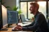 In einem hell erleuchteten, modernen Büro sitzt ein lächelnder Entwickler vor mehreren Bildschirmen mit klar strukturiertem Code, während sanftes Tageslicht durch große Fenster fällt und eine freundliche, kreative Arbeitsatmosphäre vermittelt, die die Zukunft des nahtlosen Web-App-Designs symbolisiert.